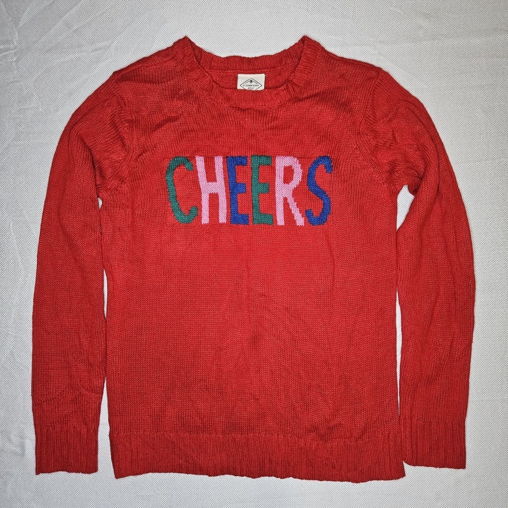 St Johns Bay Womens Red Cheers Graphic Knit Sweater Medium Holiday Crew Neck